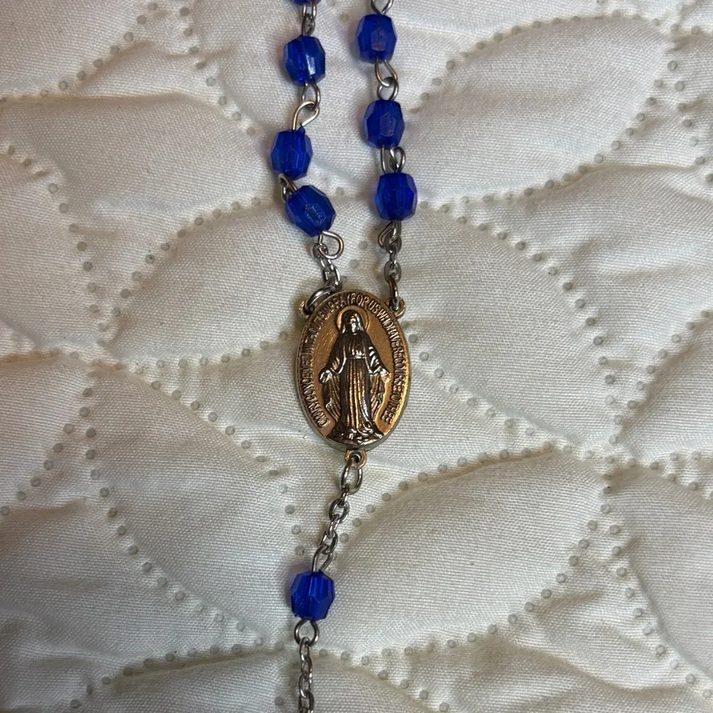 INRI Blue Beaded Rosary Necklace with Silver Accents